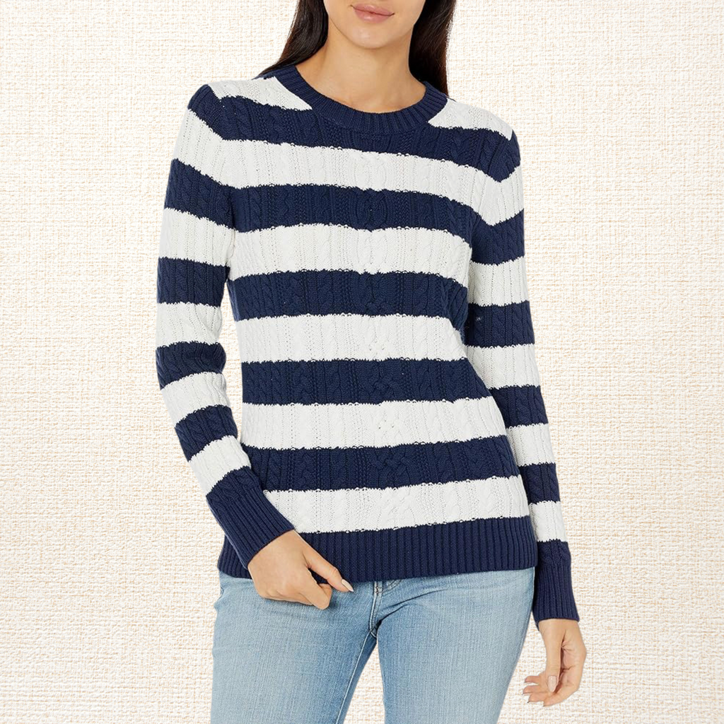Sweater Mujer New York Trenzado Algodón Azul-Blanco