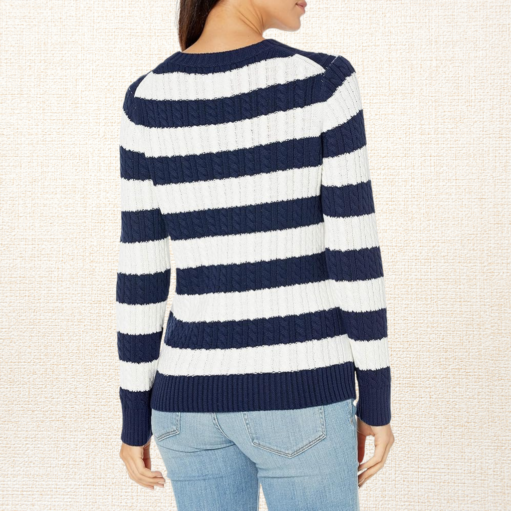 Sweater Mujer New York Trenzado Algodón Azul-Blanco