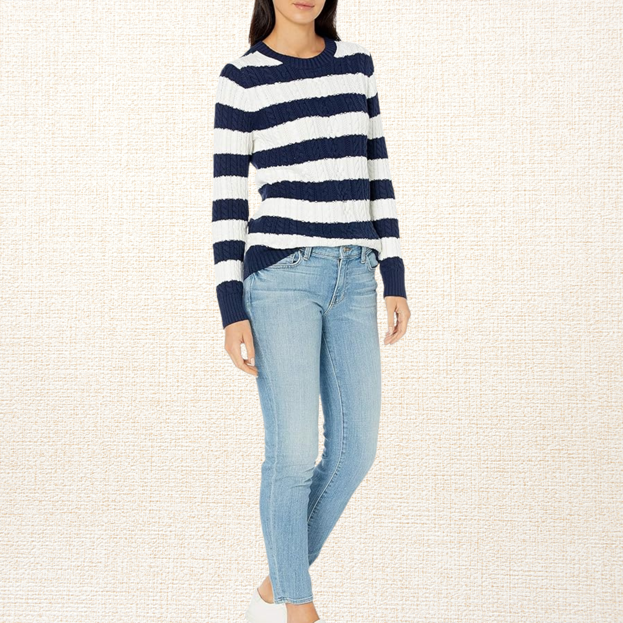 Sweater Mujer New York Trenzado Algodón Azul-Blanco