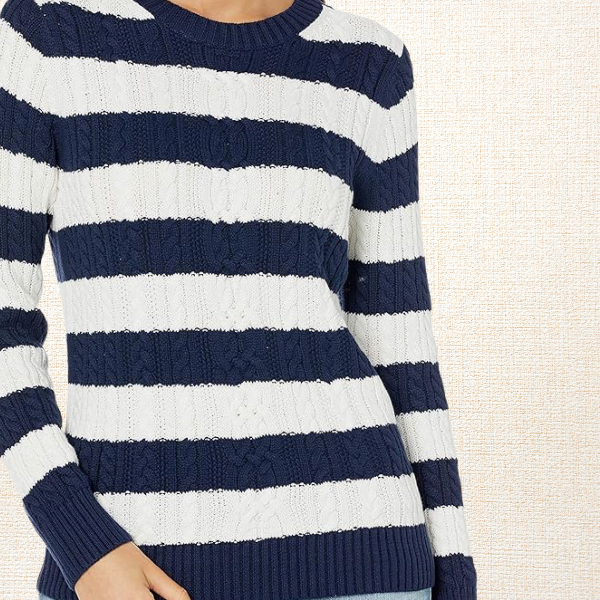 Sweater Mujer New York Trenzado Algodón Azul-Blanco