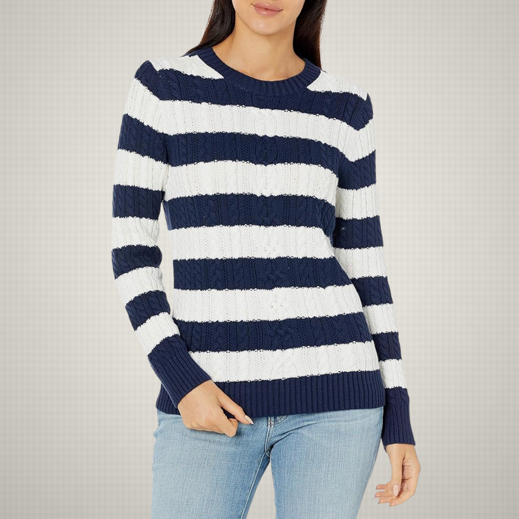 Suéter Mujer New York Trenzado Algodón Azul-Blanco