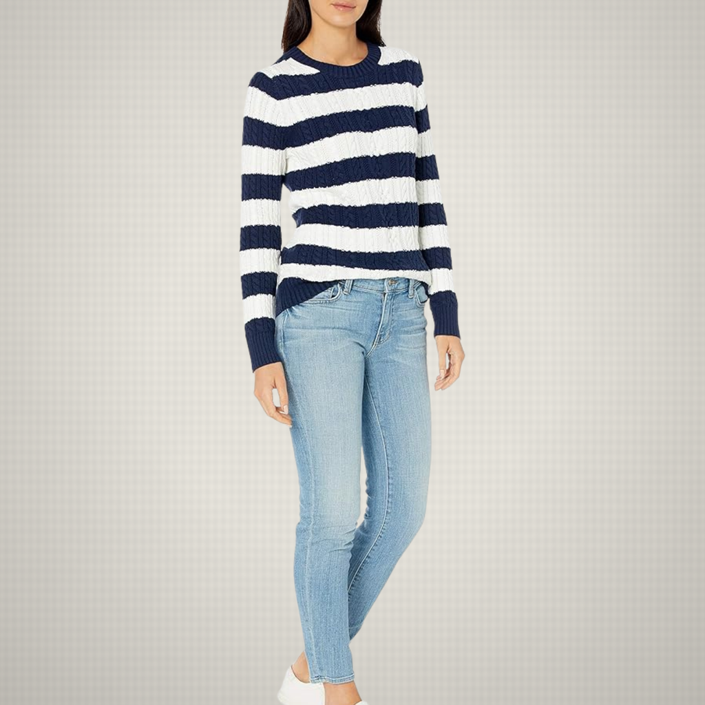 Suéter Mujer New York Trenzado Algodón Azul-Blanco